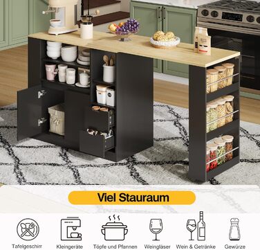 Барний стіл з місцем для зберігання, кухонний острів з висувною стільницею та функцією повороту на 360, рухомий бічний столик з тристоронніми полицями та 2 шухлядами, кавова барна стійка, чорний, 115x50x92 см A-чорнийнатуральний