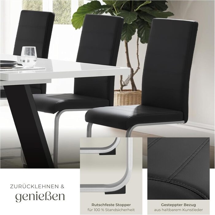 Набір із 2 сучасних обідніх стільців, ергономічні стільці для їдальні, стільці для відвідувачів, кухонні меблі, обідній стіл, кухонні стільці, консольні обідні стільці, висока спинка - чорний колір, набір із 2 шт.