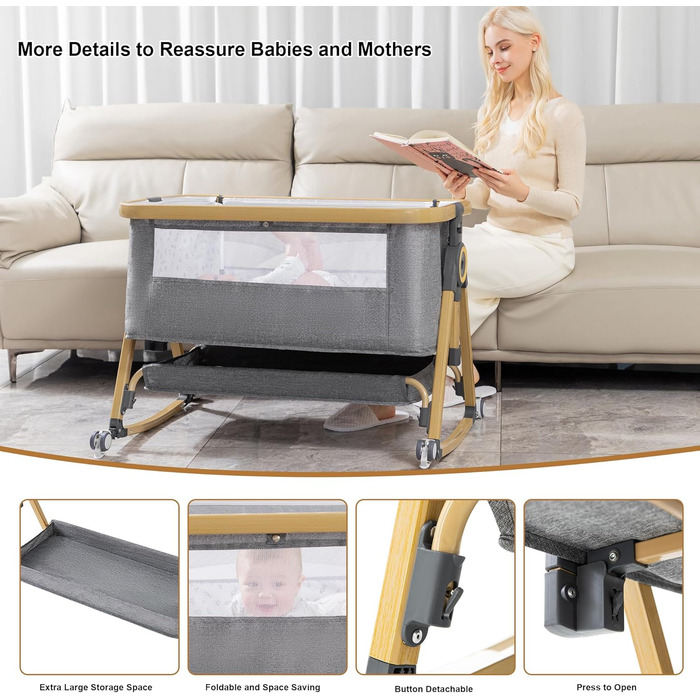 Портативне дитяче ліжко YAZOCO 3-в-1 з дихаючою сіткою та простирадлом, регульованою колискою з кошиком для зберігання (висока версія, сірий колір)