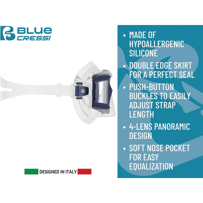 Маска унісекс для дайвінгу та сноркелінгу з 4 окремими загартованими лінзами або комплект маскасноркель Scilla Top Dry Combo для необмеженого кругового огляду Combo Clear/Ice Blue