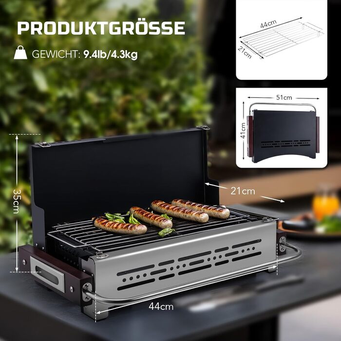 Портативний складаний гриль CHANGEMOORE, 46 см складаний гриль на вугіллі, регульована висота карбонової сітки, нержавіюча сталь 304, настільний гриль на вугіллі, ідеально підходить для кемпінгу, караванінгу та грилювання на свіжому повітрі