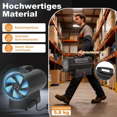 Газовий обігрівач Froadp 30 кВт, чорний, газовий обігрівач для використання в приміщенні, портативний газовий обігрівач із захистом від перегріву, включаючи регулятор тиску 700 мбар та шланг 1,5 м, для будівельних майданчиків, майстерень, складів 30 кВт