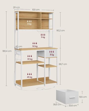 Кухонна полиця VASAGLE з розетками, окремостояча полиця, 40 x 100 x 180,4 см, полиця для випічки, регульовані полиці, шухляда для тканини, 12 гачків, кухня, Золотий дуб-хмарно білий KKS027Y02 40Г x 100Ш см Золотий дуб хмарно білий
