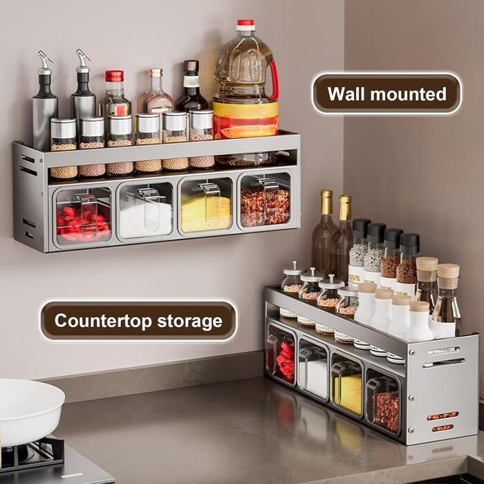 Підставка для спецій з банками для спецій, окремостояча та настінна підставка для спецій, банки для спецій з полицею, підставка/тримач для спецій, органайзер для спецій для кухонної стільниці та шафи, підвісні підставки для спецій (не потребує свердління)