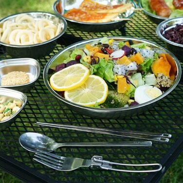 Набір посуду для кемпінгу на 22 частини, портативний похідний набір, полірований посуд з нержавіючої сталі, столові прибори для туризму та походів