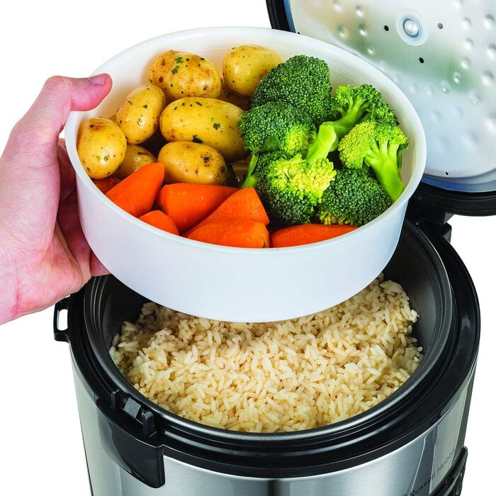 Рисоварка Russell Hobbs Переможець тесту 1,2 л включно Вставка для пароварки з відкидною кришкою Aroma (функція підтримки тепла, каструля з антипригарним покриттям, рисова ложка та мірна чашка, нержавіюча сталь) 27080-56 Рисоварка з пароваркою Одинарна