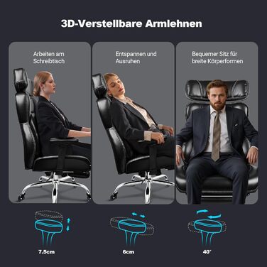 Офісне крісло BASETBL 200 кг, крісло керівника з 4-рівневою газовою пружиною, 3D-підлокітники, регульована поперекова опора та підголівник, тихі гумові ролики, широке сидіння XXL, EN12520, ергономічне офісне крісло