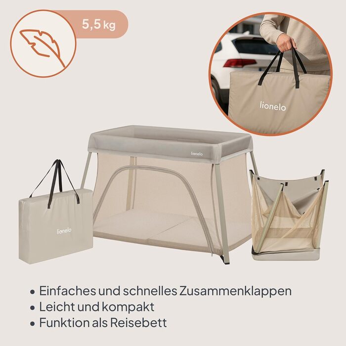 Дорожнє ліжечко/манеж Lionelo Alice 3-в-1 для дітей вагою від 0 до 15 кг, з поролоновим матрацом, 2 налаштування висоти, складне, компактне, легке, з боковим входом та бежевою дорожньою сумкою