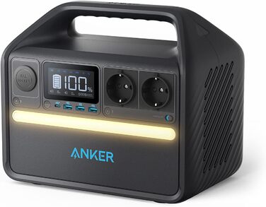 Компактна електростанція Anker 535 (потужність 512 Втгод), портативні акумулятори LiFePO4, 7-портовий генератор живлення 500 Вт, 2 порти змінного струму, порт USB-C PD 60 Вт, світлодіодне світло для кемпінгу та відключень електроенергії чорний