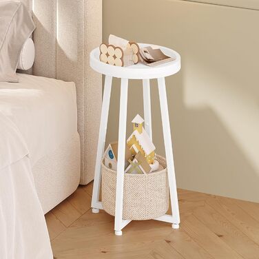 Круглий бічний столик HOOBRO, маленька тумбочка, сучасний диван-столик, журнальний столик з піднятим краєм та бежевим тканинним кошиком, для невеликих приміщень, вітальні, гуртожитку, білий EWW183BZ01