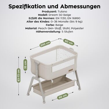 Дитяче ліжечко TULANO Dream 50 3-в-1 з колесами - Дитяче ліжко - Дорожнє ліжечко з матрацом - Регульована висота - Відкидна спальна поверхня - З москітною сіткою та кошиком для зберігання - Бежевий