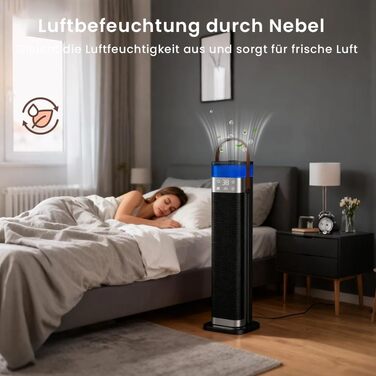 Тепловентиляторний обігрівач потужністю 2000 Вт із зволожувачем, енергозберігаючий та тихий керамічний баштовий обігрівач 70 з пультом дистанційного керування, 3 режими, 12-годинний таймер для вітальні, спальні та офісу