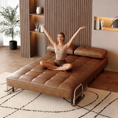 Диван-ліжко під шкіру, сучасний 2-місний диван з функцією сну, диван-ліжко з розкладним матрацом, універсальний диван-ліжко для віталень, спалень та невеликих кімнат, коричневий (150 см)