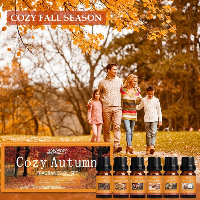 Набір осінніх ефірних олій SALUBRITO для дифузора, ароматна олія для дифузора Pure Natural Aromatherapy 6 x 10 мл кориця, гарбузові спеції, пряний яблучний сидр, снікердудл, ваніль, мускатний горіх
