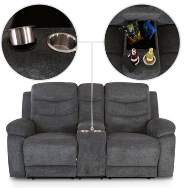 Крісло для кіно Raburg, 2-місне крісло для телевізора з механічною функцією розслаблення та відкидання, легким підйомом, підстаканником, відділенням для закусок, комфортною підкладкою, вантажопідйомністю 130 кг на сидіння Pixx, мікрофібра Темно-сірий Темн