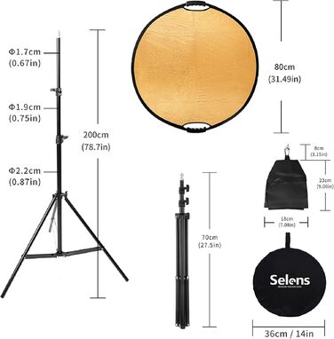 Рефлектор для фотографії Selens 5-в-1 80 см Круглий складаний рефлектор 200 см світлова підставка мішок з піском висувний тримач, носимий дифузор золотий/сріблястий/білий/чорний і прозорий відбивач з ручкою 80 см круглий відбивач