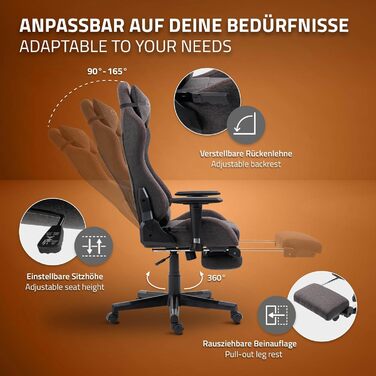 Ігрове крісло ML-Design, сіро-червоне, тканинне, ергономічне офісне крісло, регульоване поворотне крісло, гоночне ігрове крісло з підлокітниками, підголівником, поперековою подушкою, підставкою для ніг, робоче крісло, спортивне сидіння, крісло керівника