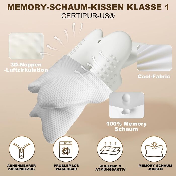 Подушка для шиї, ергономічна подушка для підтримки шиї, сертифікована OEKO-TEX для алергіків, ортопедична подушка для сну з піни з ефектом пам&39яті для сну на боці та на спині (змінна наволочка), біла, подушка () наволочка ()