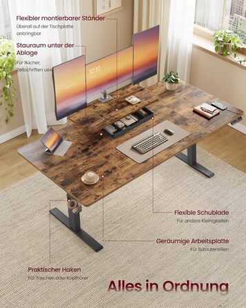 Письмовий стіл з регульованою висотою, 140 x 70 см, гнучка підставка для монітора, шухляда, порт USB-C, нагадування про тривале сидіння, для офісу, вінтажний коричневий LSD154KD01 140 x 70 см вінтажний коричневий