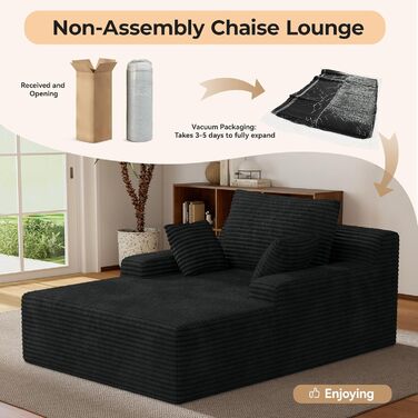 Сучасний вельветовий диван без кісток з функцією сну Диван Хмара з шезлонгом, 3 подушки, зручний диван для вітальні, не потребує складання чорна вельветова тканина