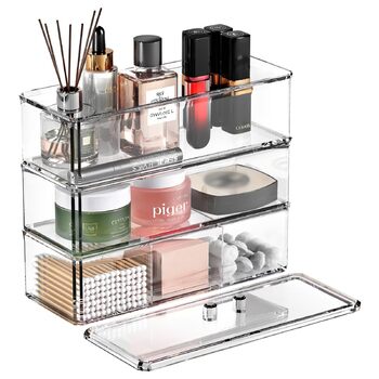 Рівневий органайзер для макіяжу, зберігання косметики з кришкою, контейнер для пензлів для макіяжу, органайзер для макіяжу для туалетного столика, ванна кімната, прозорий, 3-