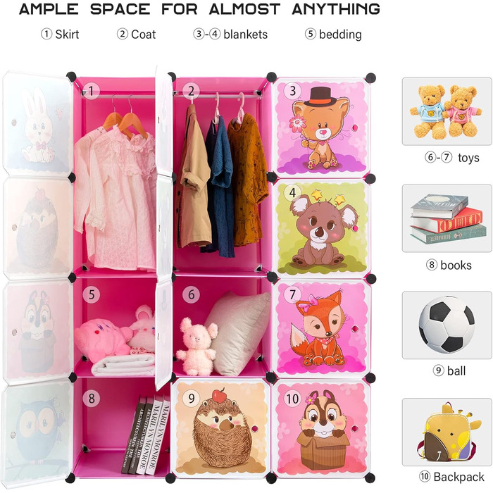 Розширювана дитяча полиця Дитяча шафа Сходинкова полиця Книжкова полиця з дверцятами та 2 вішалками, Глибші відділення, ніж зазвич