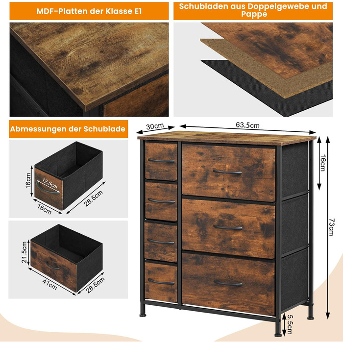 Комод WOLTU з 7 тканинними шухлядами, велика місткість, міцний металевий каркас, для вітальні, спальні, коридору, вінтажний коричнево-чорний, 63,5x30x73 см, SSK008shm Вінтажний вигляд дерева, 7 тканинних шухляд