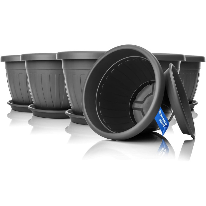 Квітковий горщик BigDean 6 шт. з блюдцем, круглий ø28xH20 см, антрацит - всепогодний горщик - водовідвідний, стійкий до ультрафіолету, виготовлений з ударостійкого пластику - підходить для використання в приміщенні та на вулиці - зроблено в Європі, антрац