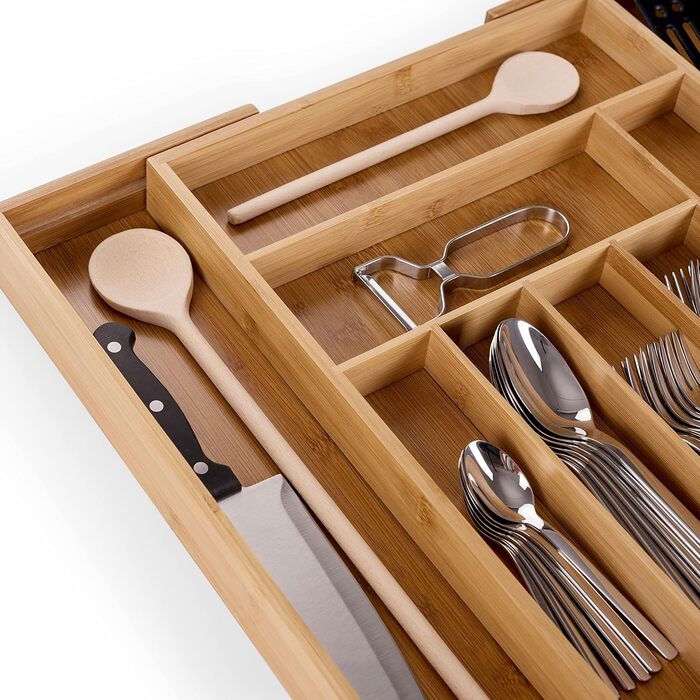 Лоток для столових приборів Blumtal з бамбука - Роздільник для кухонних приборів з регулюванням розміру - Органайзер для столових
