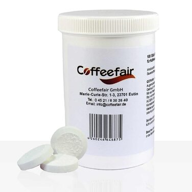 Таблетки для очищення кавомашини Coffeefair, 100 шт. х 1,6 г, універсальні, інтенсивні та безпечні для матеріалів, сумісні з Philips Saeco, Solis, Jura, WMF, Melitta, AEG, DeLonghi та ін.