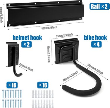 Настінна стійка для велосипеда Sinoer, настінне кріплення для 4 велосипедів 2 шоломи, гачок для зберігання інструментів регульований для гаража або будинку, вертикальна вішалка для велосипеда (внутрішня ширина 90 мм) - 2 рейки 4 велосипеда - 16 дюймів - 2