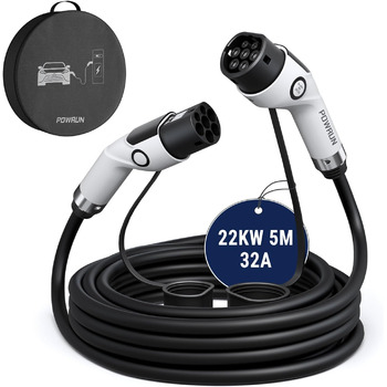 Зарядний кабель Powrun тип 2 22кВт 5м 32А з сумкою для перенесення, зарядний кабель електромобіля тип 2 3-фазний IP55 водонепроник