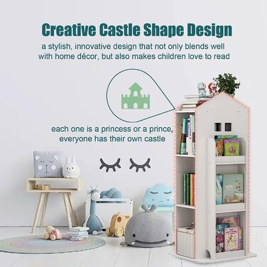 Рівнева обертова книжкова полиця для дітей, полиця, обертова полиця, біла, обертова книжкова полиця, підлогова полиця, дитяча книжкова полиця для спальні, вітальні, кабінету, 40x40x95 см, 3-