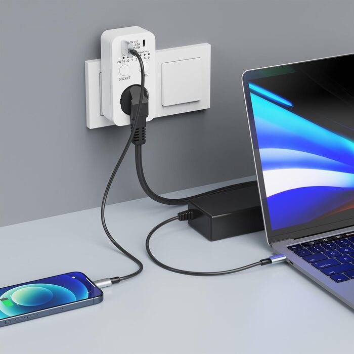 Таймер розетки conecto, розетка зворотного відліку, таймер 230 В, розетка таймера USB і USB-C, розетка програмованого таймера, 2300 Вт, білий