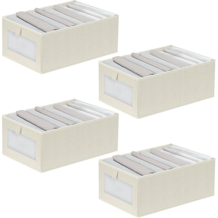 Набір із 4 органайзерів для гардеробу, коробки-органайзери для шафи з прозорими шухлядами, складні коробки для зберігання, 42 x 27,5 x 17 см, для штанів, сорочок, одягу, бежевий стиль 1 4L