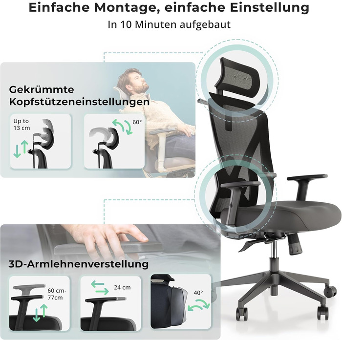 Ергономічне офісне крісло - Офісні крісла 150 кг, сертифіковані TV та NEN 1335 - Офісний стілець - Крісло - Ергономічне офісне крісло - Комп&39ютерне крісло з регульованою висотою та зручне для спини - Чорне