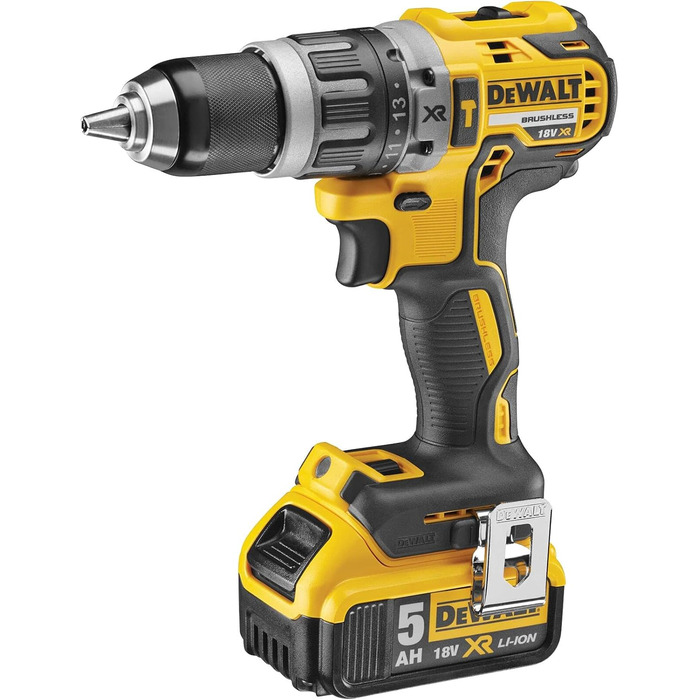 Акумуляторний ударний дриль Dewalt 18 В DCD796P2 (безщітковий двигун, 2-швидкісний суцільнометалевий редуктор, максимальний крутний момент 70 Нм, 15 рівнів крутного моменту, 2 літій-іонні акумулятори 18 В / 5 Ач та зарядний пристрій)