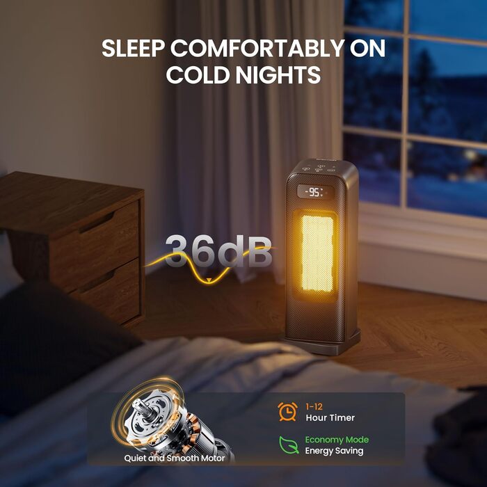 Енергозберігаючий вентилятор-обігрівач, портативний керамічний PTC вентилятор-обігрівач потужністю 1500 Вт, тихий, коливальна панель 70, 12-годинний таймер, захист від перегріву та перекидання, сумісний з Alexa та Google Assistant, чорний, 4 режими, 40 см