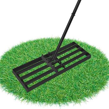 Регульована граблі-рівняч для газону з нержавіючої сталі та ергономічною ручкою. Ідеально підходить для вирівнювання газонів, розпушування ґрунту, піску та догляду за садом, двором, гольф-полем (50 x 25 см, Чорний). Розмір 50x25 см, колір - Чорний.