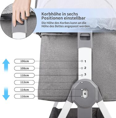 Дитяче ліжечко Side-by-Side, дитяче ліжечко 2-в-1 від народження до 25 кг, додаткове ліжко з 6 регулюваннями висоти, з матрацом/відкидною бічною панеллю/колесами, ліжечко з сітчастої тканини - 80 x 40 x 100-115 см - льон 80 x 40 x 100-115 см - льон