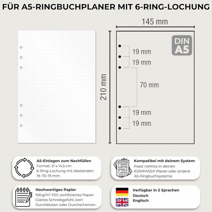 Папка-реєстратор KOMPASS A5 з кільцями, що замінюється, Стартовий набір, включаючи 309 вставок Папка-реєстратор успіху A5 Планувальник справ, щотижневий планувальник, планувальник зустрічей, календар, журнал Bullet, трекер звичок, чорний стартовий набір