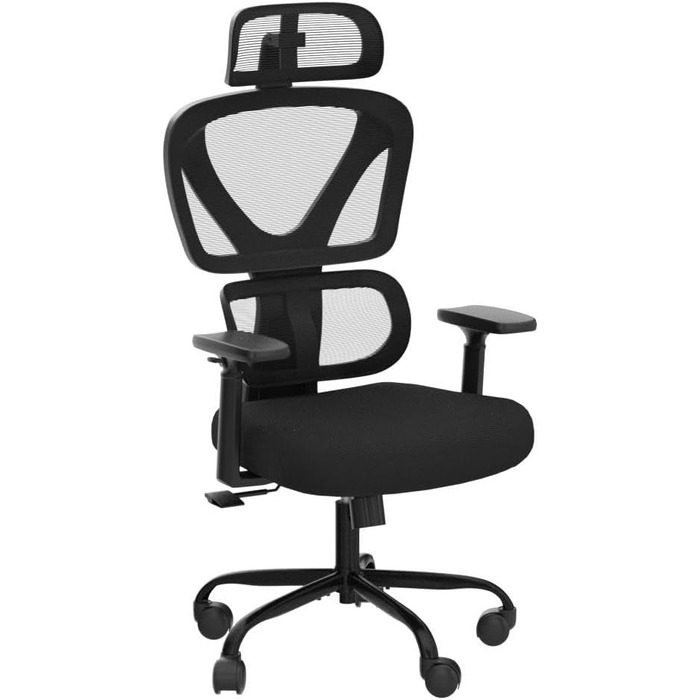 Офісний стілець KERDOM Ергономічне письмове крісло з регульованим підголівником, підлокітниками, поперековою опорою, проти болю в спині, вантажопідйомність 150 кг/330 фунтів (чорний) 9070 Чорний