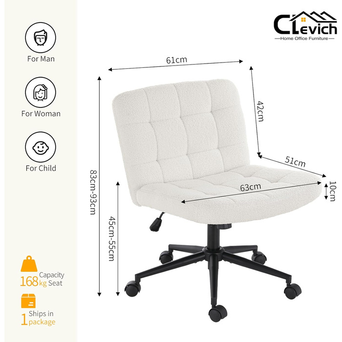 Офісне крісло Clevich без підлокітників, широке крісло з перехресним розташуванням сидіння, ергономічне крісло з регульованою висотою для домашнього офісу, кабінету, макіяжу, спальні (шерпа, білий)