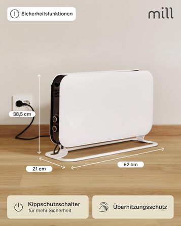 Електричний радіатор Mill 2000 Вт, Електричний конвекторний обігрівач 24-28 м, Окремостоячий електричний обігрівач, Тихий електричний обігрівач, Електричний радіатор з термостатом, Електричний обігрівач для використання в приміщенні, Білий, 24-28 м MEC