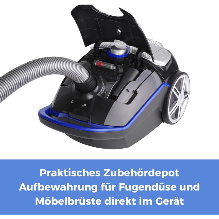 Пилосос з мішком Fakir Blue Vac Power TS 721, 800 Вт, з кабелем, HEPA H14 фільтр, тихою високоефективною мотором 69 дБ(А), містком для пилу 3 л та радіусом дії 12 м, чорний/синій