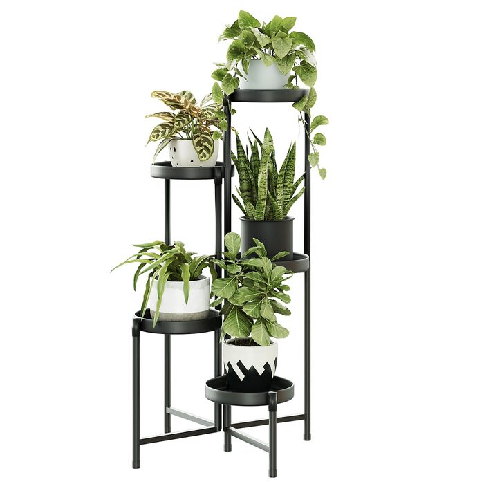 Металева підставка для квітів Bamworld, 5 ярусів, сучасна полиця для рослин для використання в приміщенні та на вулиці, міцна підставка для рослин з кількома полицями, компактний квітковий табурет для вітальні, балкона, саду, чорний - 5 шт. у упаковці