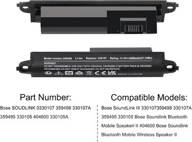 Акумулятор для Bose SoundLink III 330107 359498 330107A 359495 330105 330105A Замінний акумулятор для Bose SoundLink Bluetooth Mobile Speaker II 404600, 11.1V 3400mAh 359495