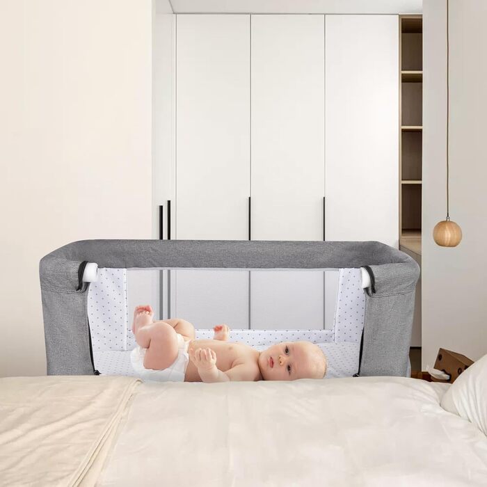 Дитяче ліжечко OHMG Side-by-Side, дитяче ліжко, дитяча колиска, дитяче ліжко 3 в 1 для новонароджених, ліжко-гойдалка для дому та подорожей з колесами, регульована висота 6 шт. (сірий (80x40x100-115 см))
