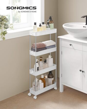 Візок, кухонний візок з 4 рівнями, кухонна полиця, полиця в нішу, з 6 гачками, поворотні колеса на 360, замикається, сталева рама,