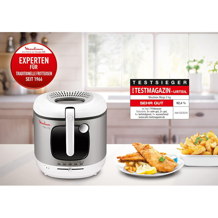 Фритюрниця Moulinex AM4800 Mega 2 кг Фритюрниця з олією Фільтр проти запаху регульована температура легке очищення хрустка картопля фрі 1,800 Вт місткість до 8 осіб Білий/Сріблястий Великий